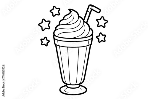 Cartoon Milkshake Delight. Food coloring page: milkshake in tall glass, straw and whipped cream, stars floating, black and white