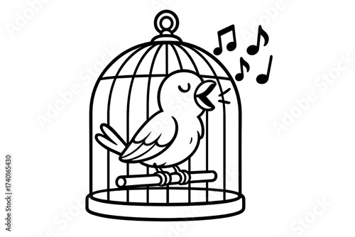 Canary Singing Joyfully. Animals & Pets coloring page: canary in cage singing, music notes floating, black and white vector line