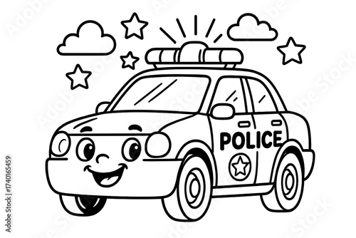 Cartoon Police Car. Transportation coloring page: police car with flashing lights, smiling front grill, stars and clouds above,
