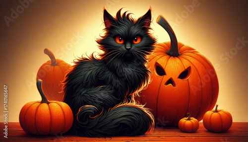 Halloween scene with a fluffy black cat, glowing red eyes, and sinister carved jack-o'-lanterns.
