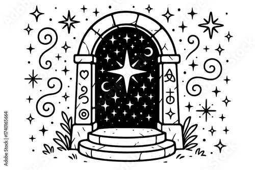 Enchanted Portal Coloring. Magical creatures coloring page: enchanted portal glowing with stars, magical symbols and sparkles