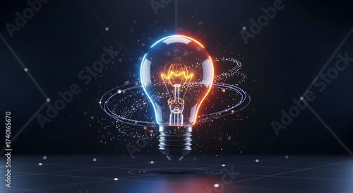 Glowing 3D neon light bulb idea concept for creativity and innovation