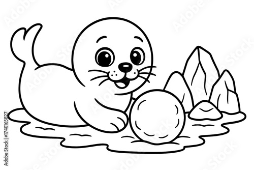 Seal Pup Snow Play. Frosty day coloring page: seal pup playing with snowball, icy rocks nearby, black and white vector line art,