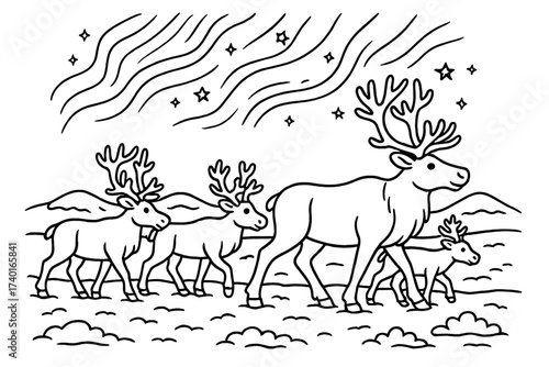 Caribou Aurora Wonderland. Snowy dream coloring page: caribou herd walking through snowy plain, aurora borealis in sky, black and
