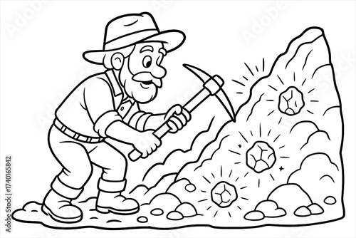 Cartoon Gold Miner. Gold rush coloring page: miner with pickaxe digging in rocky hill, gold nuggets shining, black and white