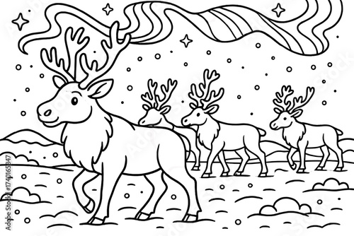 Caribou Aurora Wonderland. Snowy dream coloring page: caribou herd walking through snowy plain, aurora borealis in sky, black and