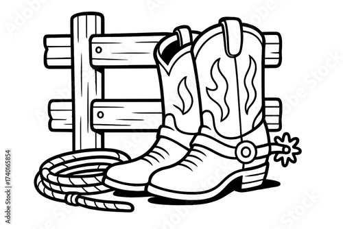 Cowboy Gear Illustration. Ranch life coloring page: cowboy boots with spurs leaning by fence, lasso coiled beside, black and white