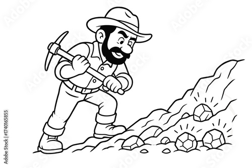 Cartoon Gold Miner. Gold rush coloring page: miner with pickaxe digging in rocky hill, gold nuggets shining, black and white