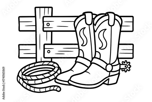 Cowboy Gear Illustration. Ranch life coloring page: cowboy boots with spurs leaning by fence, lasso coiled beside, black and white