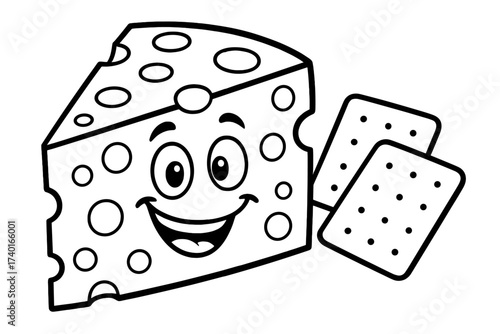 Cheese and Crackers Cartoon. Cheesy fun coloring page: wedge of cheese with holes, crackers beside, smiling face, black and white