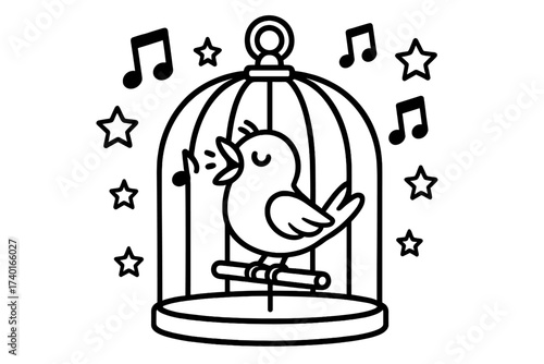 Singing Canary Coloring. Singing canary coloring page: bird inside cage with music notes floating, stars around, black and white