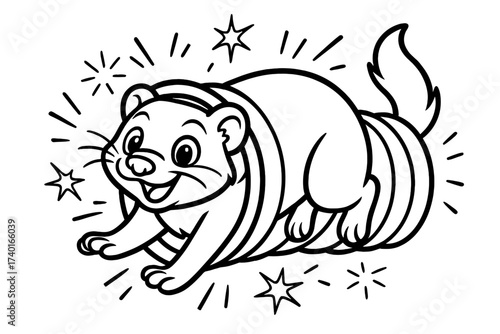 Ferret Tunnel Fun. Playful ferret coloring page: ferret jumping through tunnel toy, sparks flying around, black and white vector