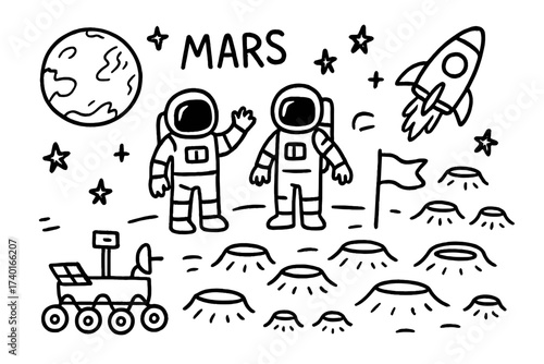 Mars Doodle Exploration. Doodle exploration of Mars with astronauts, rovers, and craters in black and white isolated transparent