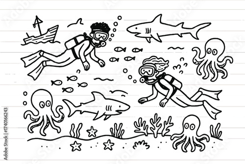 Ocean Doodle Adventure. Doodle ocean exploration with divers, sharks, and octopuses in black and white isolated transparent