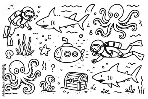 Ocean Doodle Adventure. Doodle ocean exploration with divers, sharks, and octopuses in black and white isolated transparent