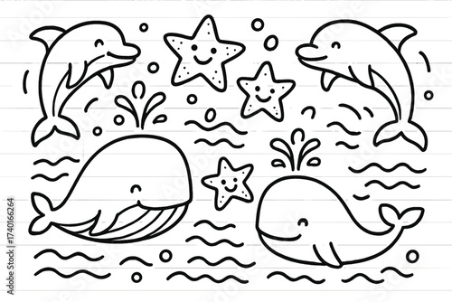 Ocean Doodle Wildlife. Doodle friendly ocean with dolphins, whales, and happy starfish in black and white isolated transparent