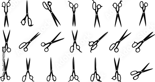 Scissors silhouette vector collection, barber tool icons, hair cutting shears design, black scissor shapes, crafting scissors illustration, office supplies clipart
