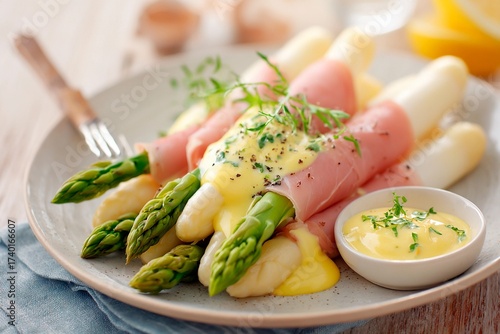 Fresh white asparagus is wrapped in slices of ham, garnished with herbs, and drizzled with rich hollandaise sauce. This elegant dish is served on a simple plate with a small bowl of sauce