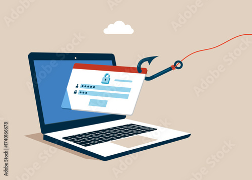 Login account attached to large hook. Online Information Hacking. Computer screen with Blocked Account on Screen. Hacking and exploit results. Flat vector Illustration.