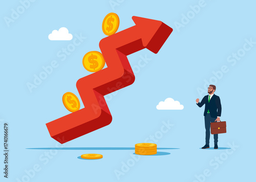 Red up arrows and dollar coins. Raising high standards of living and prices. Buy in anticipation of a price rally price drop. Vector flat illustration
