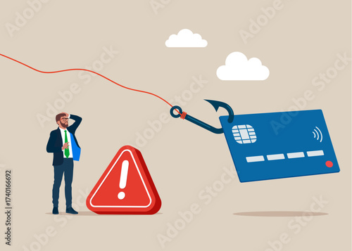 Businessman and credit card owner shocked by fraud. Credit card on a fishing hook. Hacker stealing credit card information. Vector flat illustration