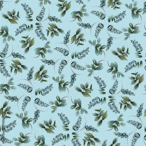 Vector floral seamless pattern from hand painted leaves, flowers and blue berries on a blue background