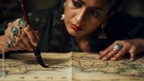 A woman meticulously traces a route on an antique map, adorned with statement rings