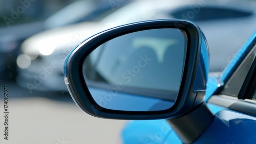 Close-up view of a car's side-view mirror reflecting other vehicles in a parking lot
