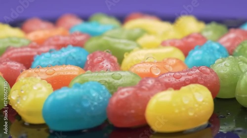 Vibrant, colorful, and refreshing gummy candies with water droplets, a delightful sweet treat