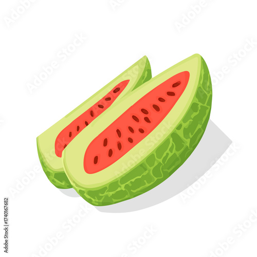 A Minimalistic 2D flat icon featuring a sliced bitter melon, clean vector design, simple illustration style, isolated on a white background, modern element in vector and EPS format. simple design