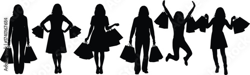 Silhouette of women shopping with bags, fashion lifestyle concept, happy shoppers illustration, retail consumer vector art, stylish purchase design