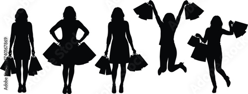 Silhouette of women shopping with bags, fashion retail lifestyle concept, happy consumers illustration, stylish buyers vector artwork for design