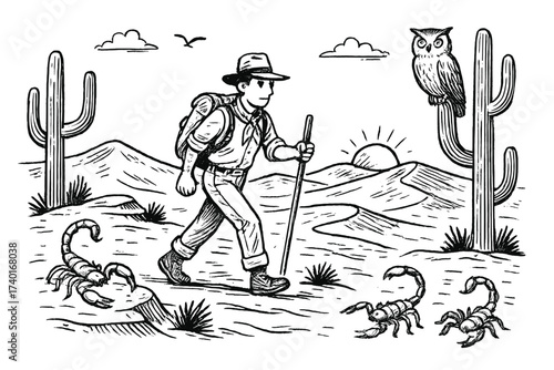 Desert Wildlife Adventure. Hand-drawn desert adventure with scorpions, owls, and dunes in black and white isolated transparent