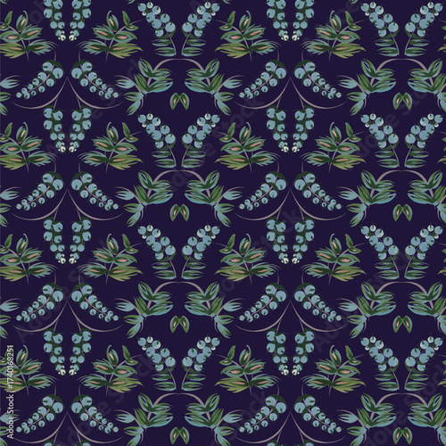 Vector floral damask seamless pattern from hand painted leaves and blue berries on a dark purple background