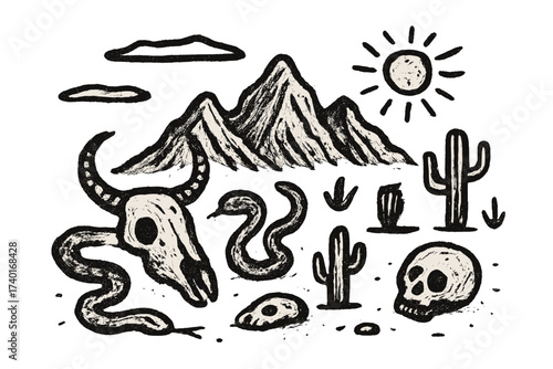 Primitive Desert Art. Primitive desert art with bones, snakes, and rocky mountains in black and white isolated transparent