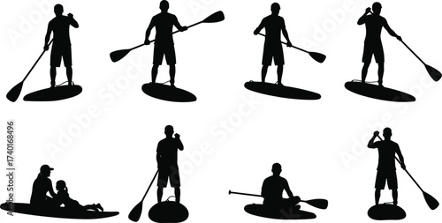 Silhouette people paddle boarding, stand up paddling, water sport activity, outdoor adventure lifestyle, summer recreation, surfing balance, kayaking leisure, ocean fun