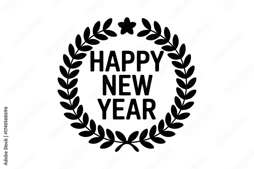 Fototapeta premium Happy new year text inside a laurel wreath with a star on a white background