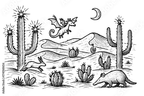 Magical Desert Creatures. Fantasy desert drawing with magical cacti, dunes, and strange animals in black and white isolated