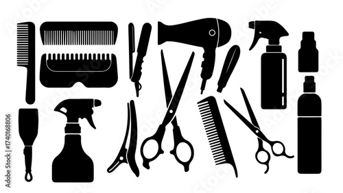 Hair Styling Tools Vector Icons – Black Silhouette Minimal Geometric Salon Icons
