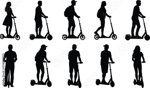 Silhouette people riding electric scooters, urban commute lifestyle, eco transport, city travel mobility, modern transportation illustration, personal vehicle concept, black vector design