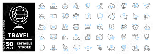 Travel and vacation icons set. editable line icons, linear adventure symbols