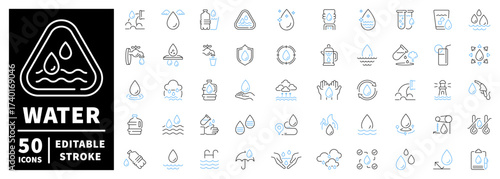 Water conservation icons set. editable line icons, outline, eco-friendly, nature