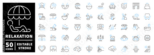 Relaxation icons set. editable line icons, outline, spa, wellness symbols