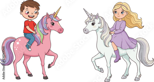 Children riding unicorns, fantasy illustration, magical animals, cartoon art, whimsical scene