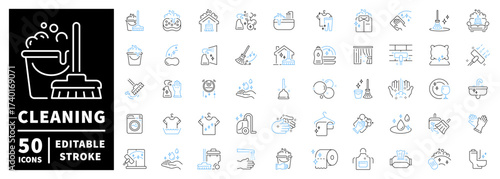 Cleaning icons set. editable line icons for housekeeping, household and hygiene