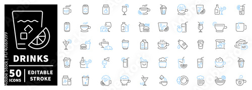 Drinks icons set. editable line icons, outline, beverages, and refreshment symbols