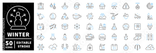 Winter icons set. editable line icons, outline, holiday and festive designs