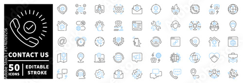 Contact us icons set. line, editable line icons for communication and support