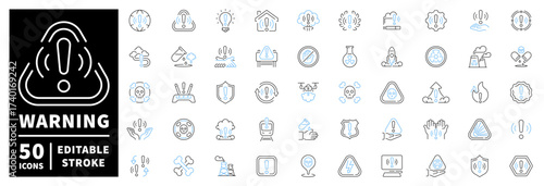 Warning and safety icons set . editable line icons for protection and alert symbols
