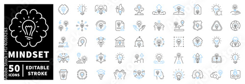 Mindset icons set. editable line icons, linear, creativity and innovation symbols